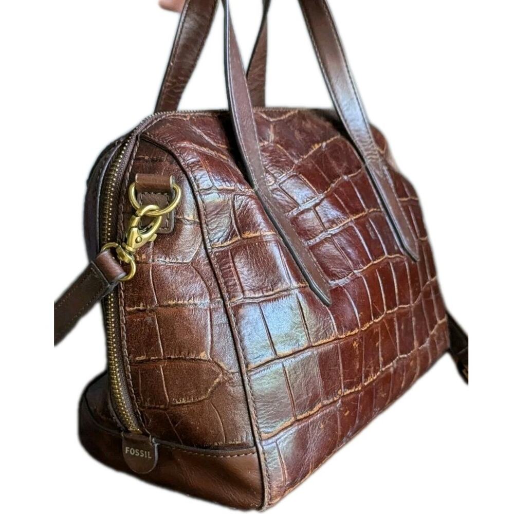 Fossil Sydney Brown Croc Embossed Leather Doctor Bag Purse Crossbody Strap - Picture 3 of 12